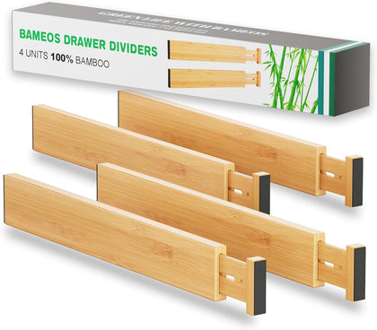 Bamboo Expandable Drawer Dividers – Fits 16.6"–22" Drawers, 2" High, Set of 4 | Spring-Loaded Bamboo Separator for
