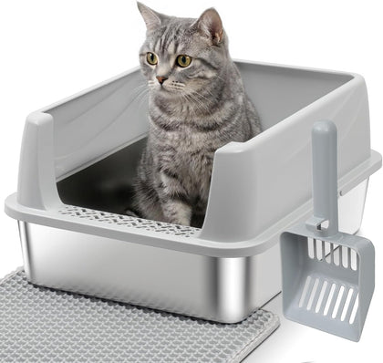 Stainless Steel Litter Box with Lid,Metal Kitty Litter Box,Low Entry Litter Boxes with Scoop and Mat,Kitten Litterbox