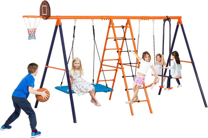 6-in-1 Outdoor Swing Set for Kids, Heavy Duty Metal Playset with Adjustable Swings, Climbing Ladder, Rope Net, Swing