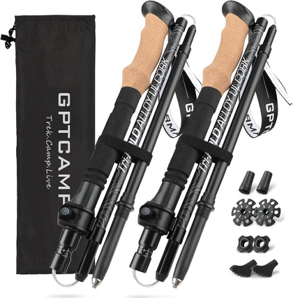 Folding Trekking Poles 7075 Aluminum Lightweight for Travel | Cork grip EVA sleeve, metal quick lock, wrist strap