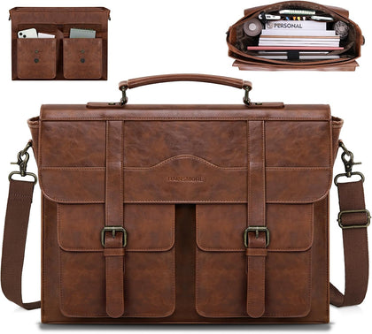 Mens Messenger Bag 17 Inch Vintage Leather Laptop Briefcase Magnetic Closure Large Satchel Computer Shoulder Bag