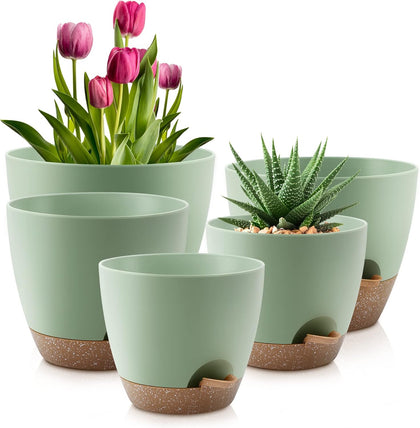 Plant Pots 10/9/8/7.5/7 Inch Self Watering Pots, Set of 5 Plastic Planters with Drainage Holes and Saucers,Plastic