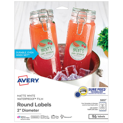 Durable Waterproof Labels, Sure Feed Technology, 2" Diameter, Matte White, Laser/Pigment-Inkjet Printable, 96 Blank
