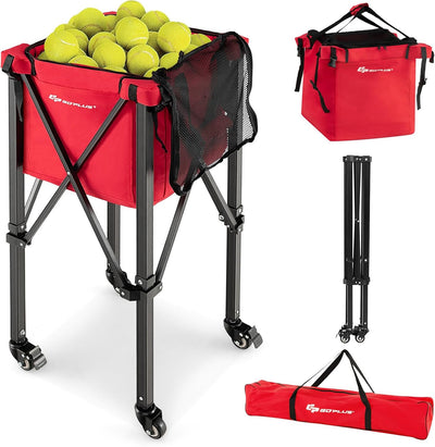 Foldable Tennis Ball Hoppers, Lightweight Aluminum Tennis Ball Basket with Wheels, Removable Bag, Side Pockets, Carry