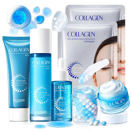 Collagen Skincare Set for Women – 7Pcs Face Care Kit with Cleanser,Toner,Serum,Eye Cream,Face Cream & Masks –