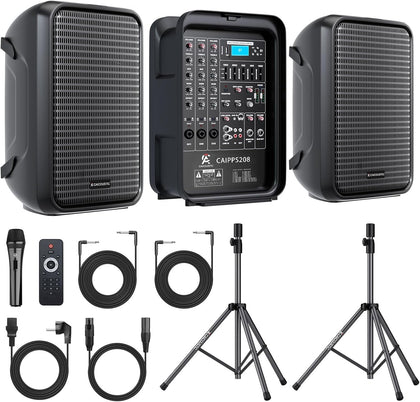 All-in-One 2-Way PA Speaker System DJ Mixer Bundle,300W 8-Channel Mixer Bluetooth, Amplifier Kit with 8" Subwoofer