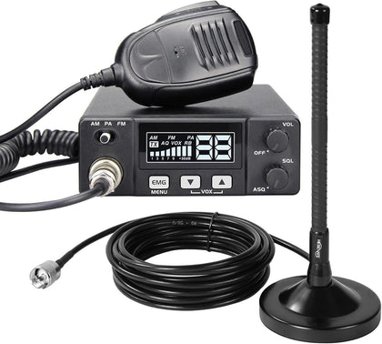 Mini CB Radio with Antenna Kit for Truck, Mobile CB Radio with AM FM PA | EMG Channel 9/19, VOX, 4-Watt Output for