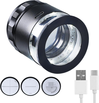 10X Rechargeable Jewelers Loupe Magnifier with LED Lights and 3 Reticle Scales, 25 mm Field of View, Adjustable Focus
