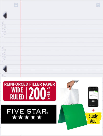 Loose Leaf Paper + Study App, Wide Ruled Filler Notebook Paper, Reinforced, Fights Ink Bleed, 8" x 10-1/2", 200