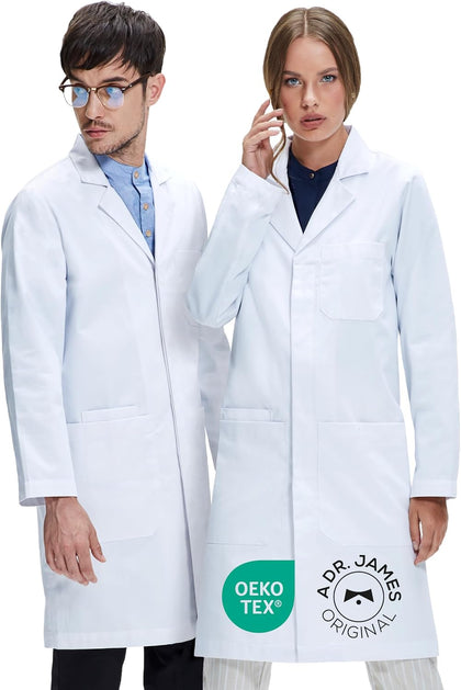 Unisex Lab Coat – White Medical Coat, Classic Fit, 3 Pockets + Phone Slot, Safety Snaps, OEKO-TEX Certified