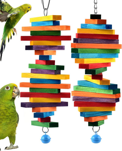 2 PCS Bird Chew Toys, Multicolored Bagel Cascade Bird Parrot Chewing Sticks Biting Wooden Blocks Toy for Small Medium