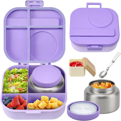 Bento Lunch Box with 12oz Soup Thermo,4 Compartments Lunch Box Containers, Spoon&Sauce Jar, BPA Free&Leak