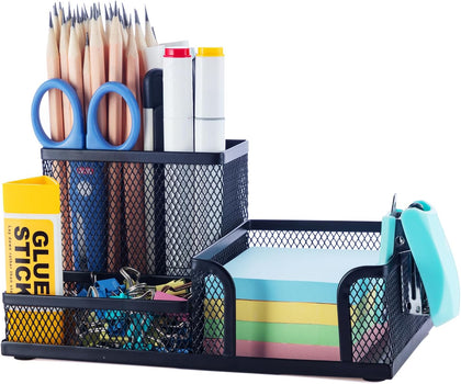 Mesh Pen Holder Desk Organizers Pencil Holder for Desk Black, 3 Compartments Metal Office Supply Organizer with