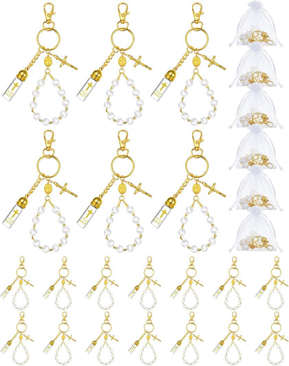 10 Set Holy Water Bottle Keychain with Rosary Bead Crucifix Organza Bags Catholic Gifts for Baptism Favors First