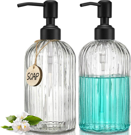 2PACK 18Oz Simple Glass Soap Dispensers with Black Rust Proof Pump | Refillable Kitchen soap Dispenser with Vertical