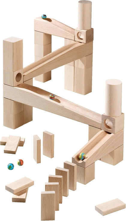Wooden Marble Run Ball Track Building Set for 4-10 Year Olds, STEM Toy with 49-Piece Wooden Track and Marbles