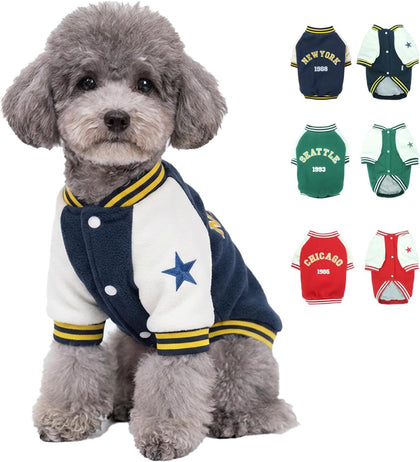 Small Dog Fleece Varsity Jacket for Winter, Warm Pet Coat with Snap Buttons, Cold Weather Heavyweight Coats for Cats