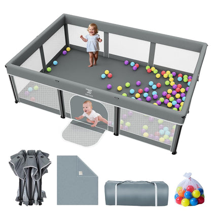 74x50 Foldable Baby Playpen with Mat - Portable Outdoor Play Yard, Grey | Portable Play Pen for Toddlers 1-3, Storage