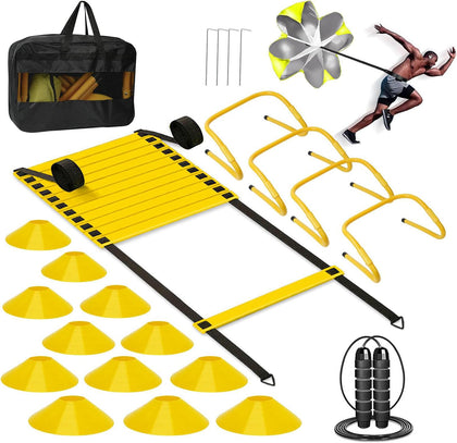 Agility Ladder, Soccer Training Equipment Set, 4 Agility Hurdles, 20ft Speed Ladder, Running Parachute, 12 Football