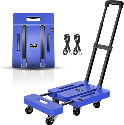Folding Hand Truck, 500 LB Capacity Luggage Cart, Portable Folding Dolly with 6 Wheels and 2 Elastic Ropes for