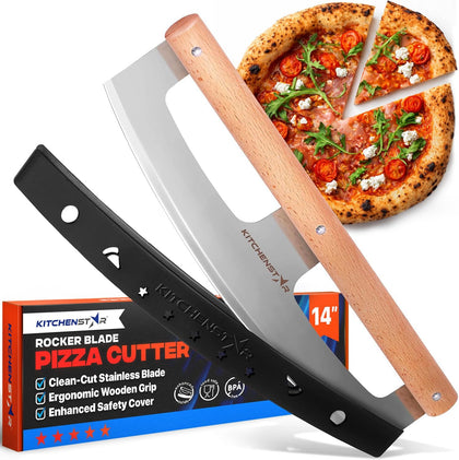 14-Inch Pizza Cutter Rocker Blade - Razor Sharp Stainless Steel Slicer Knife, Stylish Beech Wood Handle, Protective