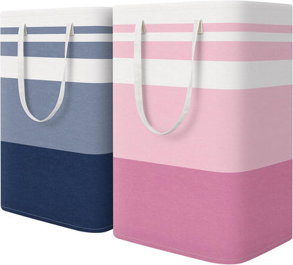 2 Pack Laundry Baskets, Laundry Hampers Bags (Blue+Pink 75L) | Waterproof, Freestanding, Collapsible Clothes Hamper