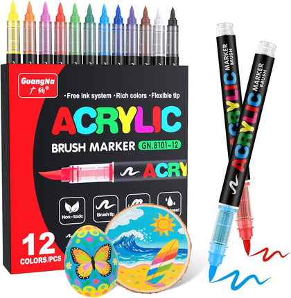 Acrylic Paint Markers Brush Tip, 12 Vivid Colors with Direct-Liquid Ink System, Professional-Grade Paint Pen for Rock