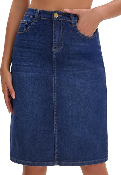Women's Jean Skirt Back Slit Stretch Below Knee Length Denim Skirts