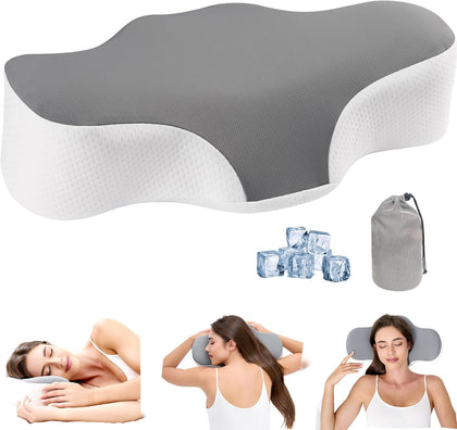Travel Cervical Pillow for Bed Sleeping, Small Memory Foam Neck Pillow with Cooling Washable Cover, Compact Ergonomic