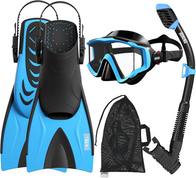 4-in-1 Snorkeling Gear for Kids Youth with Travel Mesh Bag | Anti-Fog Mask, Dry Snorkel & Adjustable Fins for