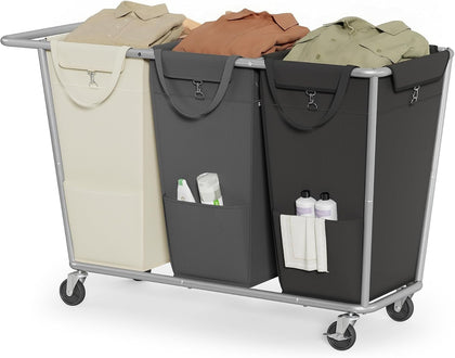 Laundry Basket with Wheels, 3-Section Laundry Sorter, 76.6 Gallons (290 L) Rolling Hamper with Removable Bags