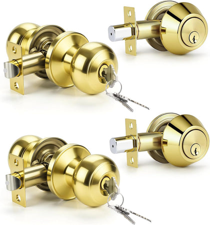 2 Pack Keyed Alike Door Knob and Double Cylinder Deadbolt Set, Exterior Door Lock Set, Polished Brass