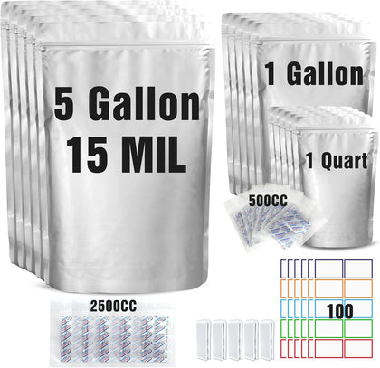 15 Mil 5 Gallon Mylar Bags for Food Storage with 2500cc Oxygen Absorbers - 55 Pack Mylar Bags Include 5 Gallon, 1
