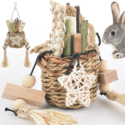 Bunny Chew Toys, Natural Seagrass Hanging Basket Chews Water Plant Woven Chinchillas Chewing Treats for Rabbits