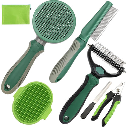 Pet Grooming Kit - 7 PCS Green Deshedding Brush Set with Undercoat Rake, Slicker Brush, Bath Brush & Nail Clipper for