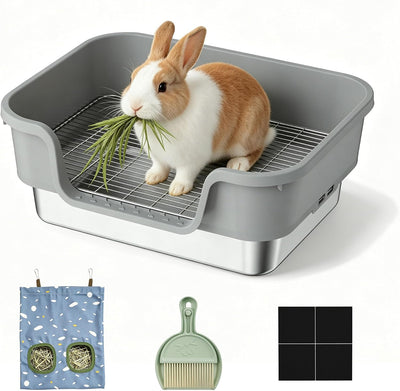 Bunny Litter Box - Stainless Steel Rabbit Litter Box with Hay Feeder