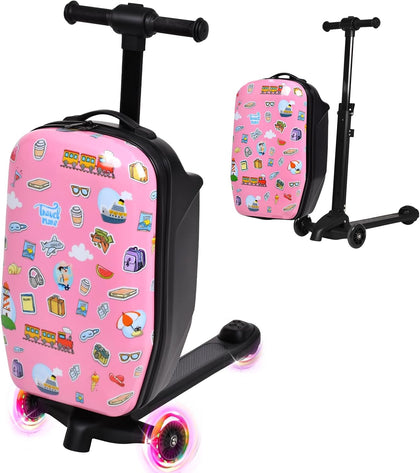 4-in-1 Detachable Scooter Luggage for Kids & Teens, Foldable Hardside Ride On Suitcase with LED Wheels, Stylish and