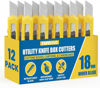 Utility Knife Set (12 Pack) | 18mm Wide Blade Box Cutter | Retractable Design, Compact And Versatile for Home