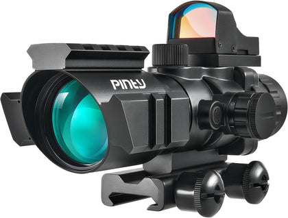 4x32 Rifle Scope with Red Dot Sight Combo, Tactical Red Illuminated Prism Scope with 5 Brightness Levels 3 MOA Red