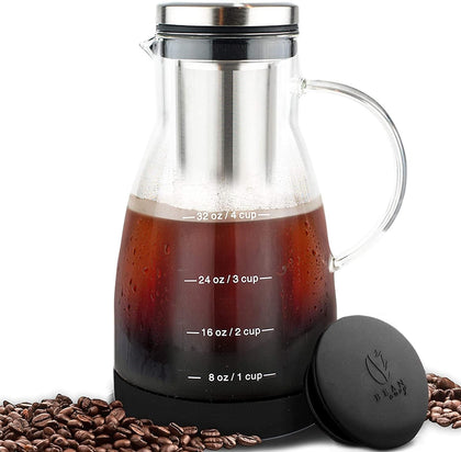 Cold Brew Coffee Maker - 32 oz Glass Coffee Cold Brew Maker and Pitcher w/Silicone Cap & Base | BPA-Free