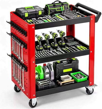 3-Tier Rolling Tool Cart with Pegboard, 1000LBS Load 2 Lockable Casters | Heavy Duty, Metal Mechanic Tool Storage