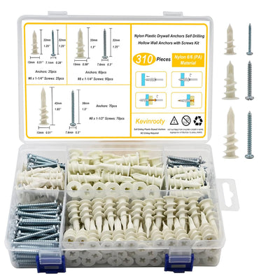 3 Sizes Self Drilling Drywall Anchors, 310PCS Nylon Plastic Wall Anchors and Screws for Drywall, No Pre Drill Hole