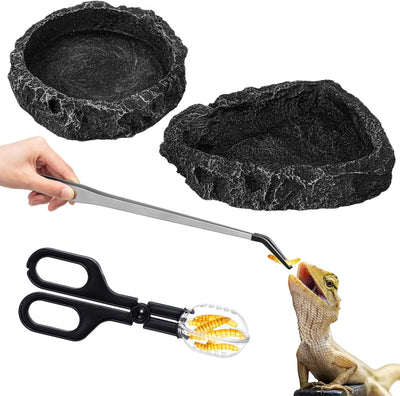 4 Pcs Bearded Dragon Food Bowl Set with Reptile Feeding Tongs