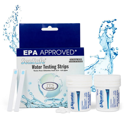 Drinking Water Essentials Kit - 200 Aquatabs Water Purification Tablets + 50 Chlorine Test Strips - for Boat and RV