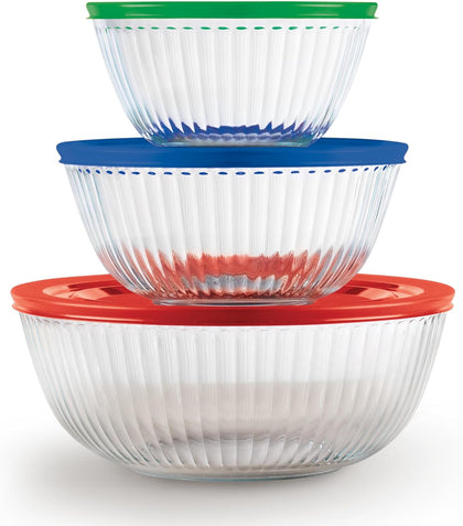 Sculpted (3-Pack) Glass Mixing Bowls Set With Plastic Lids For Prepping, Baking and Cooking, Preheated Oven