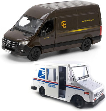 UPS Mercedes-Benz Sprinter + United States Postal Mail Truck Grumman LLV 5 Inch Die Cast Metal Model Toy Van & Trucks
