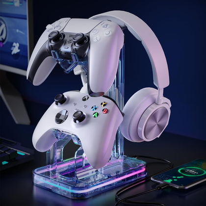 Gaming Headphones Stand, RGB Headset Stand with 2 USB Charging Ports, Dual Controller Holder with Light Modes