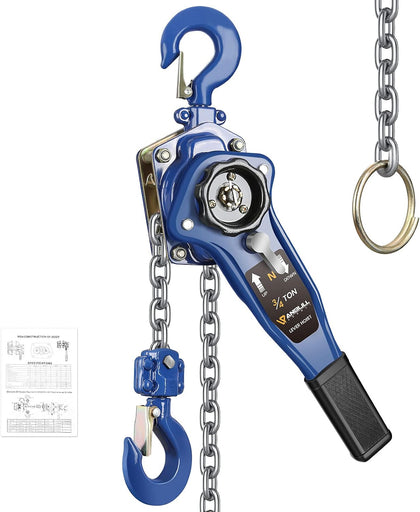3/4 Ton Lever Chain Hoist,1650 LBS Capacity,5 FT Manual Ratchet Puller | Manual Chain Hoist with G80 Galvanized Chain
