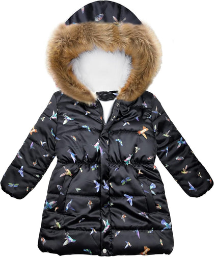 Girl's Winter Coat Jacket Hooded Kids Toddler Flower Print Parka Outwear Warm Cotton Puffer Hooded Jacket