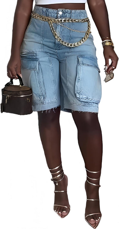Denim Shorts Women High Waisted Summer Bermuda Stretchy Cargo Jean Casual Baggy Raw Hem Jorts with Pockets for Women